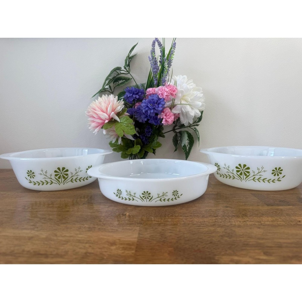 Vintage Glasbake Green Daisy Casserole Dish Set Milk Glass Farmhouse‎ Bakeware